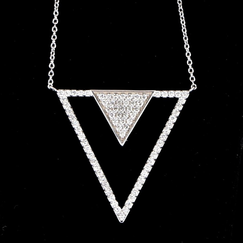 19595 EFFY 14K White Gold 0.75ct Pave Diamond Double Triangle Pendant 18'' Chain